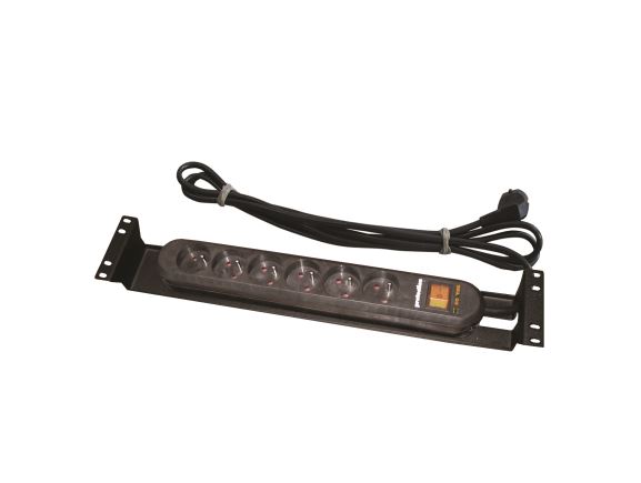 CONTEG DP-RP-06-UTEPH napájecí panel, 6x230V UTE, přepěťová ochrana a filtr, 19", 2U, vypínač, 3m, černý