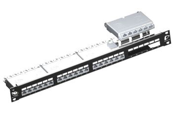 LEVITON AC6PNLF240K2M stíněný patch panel Cat6A, 24xRJ45 1U, osazený, 4 kazety s 6 porty (termin.LSA IDC), černý