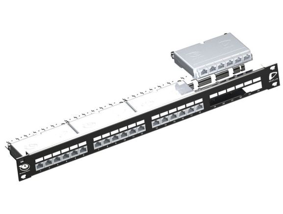 AC6PNLF240K2M stíněný patch panel Cat6A, 24xRJ45 1U, osazený, 4 kazety s 6 porty (termin.LSA IDC), černý