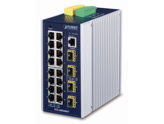 IGS-20040MT Průmyslový switch, L2/L3 static, 16×GLAN, 4×SFP, konzolový RJ-45, podpora VLAN