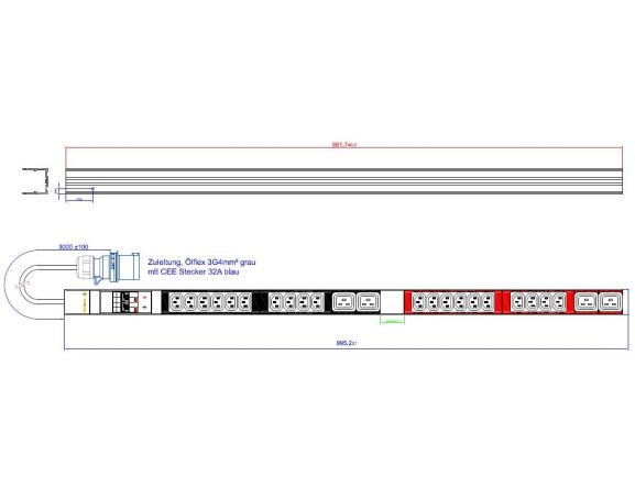 IP-BA-320C34C932 vertikální napájecí panel, 20xC13, 4xC19, 250V, 32A, 3m kabel se zástrčkou EN60309 32A