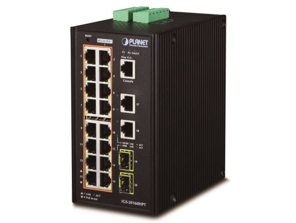 IGS-20160HPT Switch, L2/L3 static, 18×GLAN, 2×SFP, 16×PoE, konzolový RJ-45, podpora VLAN