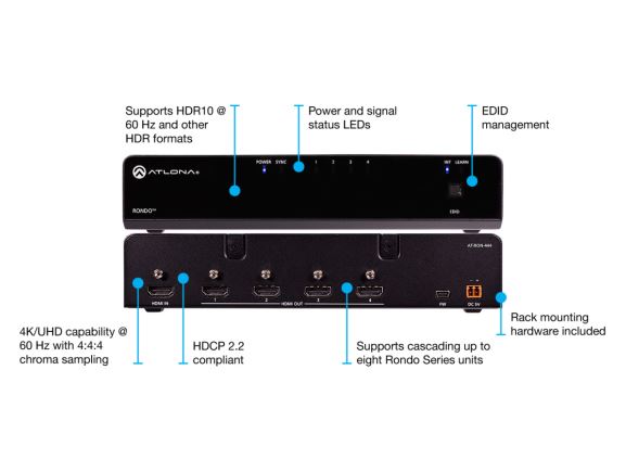 LAN-AT-RON-444 přepínač-zesilovač, 1x4 HDMI podpora 4K/UHD/60Hz s 4:4:4, HDR, HDCP 2.2, EDID, 18Gbps