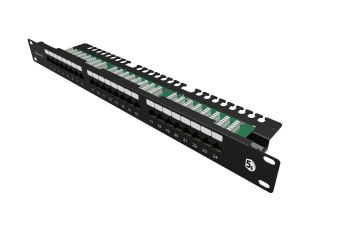 SX24L-5E-UTP-BK-N Patch panel UTP 24xRJ45 kat. 5E, 1U, 19&quot;, osazený, s vyvazovací lištou, černý