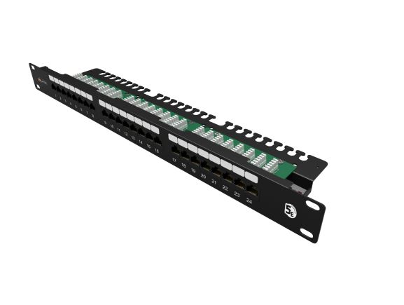 SX24L-5E-UTP-BK-N patch panel UTP 24xRJ45 kat. 5E, 1U, 19", osazený, s vyvazovací lištou, černý