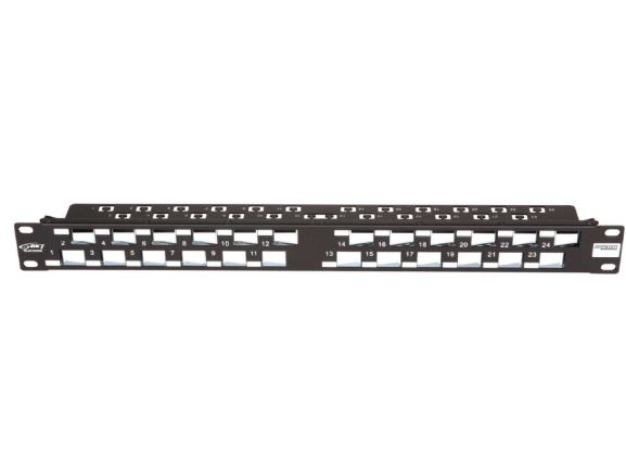 11305115 modulární patch panel pro 24 keystonů, stíněný, úhlové porty, 1RU, 19", černý