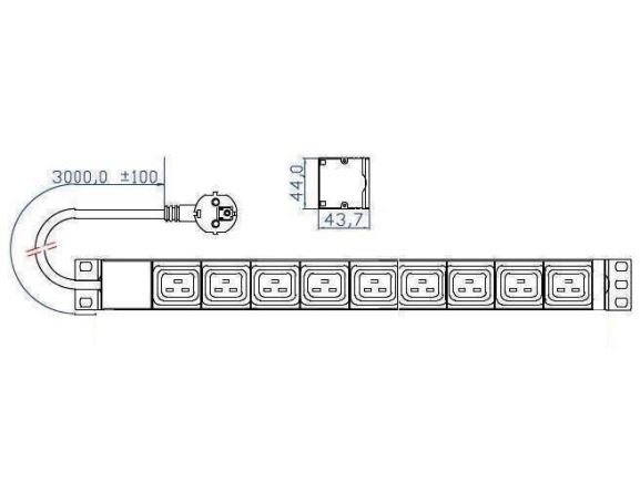 CONTEG DP-RP-09-IECC19 napájecí panel, 9x230V IEC320 C19 16A, 19", 1U, 3m