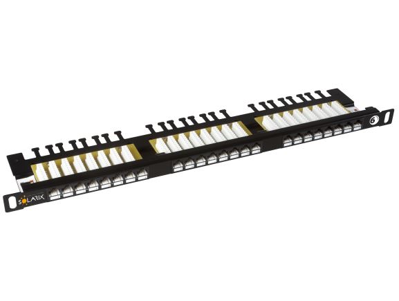 SOLARIX SX24HD-6-UTP-BK patch panel UTP 24xRJ45 kat. 6, 0,5U, 19", osazený, s vyvazovací lištou, černý