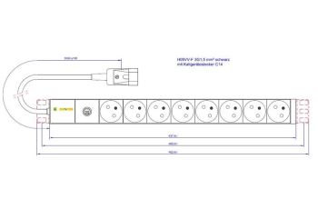 CONTEG DP-RP-08-UTEF-IEEC14 napájecí panel, 8xUTE, 250V, 10A pojistka, 19&quot;, 2,8m kabel se zástrčkou IEC 320 C14