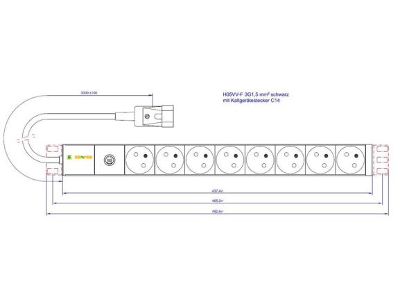 CONTEG DP-RP-08-UTEF-IEEC14 napájecí panel, 8xUTE, 250V, 10A pojistka, 19", 2,8m kabel se zástrčkou IEC 320 C14