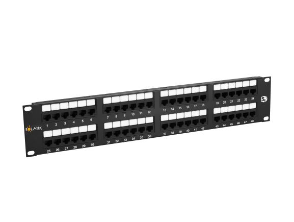 SX48-5E-UTP-BK patch panel UTP 48xRJ45 kat. 5E, 2U, 19", osazený, černý