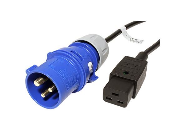 C19-3P309-16A-3 kabel napájecí IEC60320 C19 (female) - IEC60309 3pol, modrý, 16A, černý kabel, délka 3m