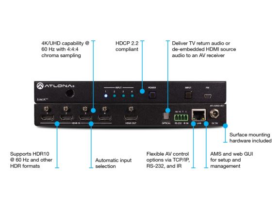 LAN-AT-JUNO-451 přepínač 4x1 HDMI s podporou HDR, 4K/UHD/60 Hz 4:4:4, HDCP 2.2