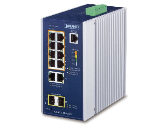 IGS-4215-8UP2T2S Průmyslový switch, L2/L4, 10×GLAN, 8×PoE++, 2×SFP, konzolový RJ-45, podpora VLAN
