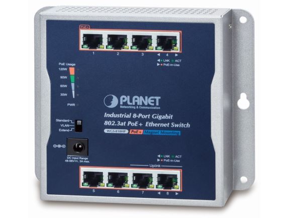 WGS-818HP Průmyslový nástěnný switch, L2, 8×GLAN, 8×PoE