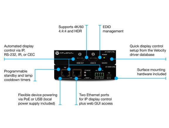 LAN-AT-DISP-CTRL jednotka ovládání displeje, řízení přes TCP/IP, RS-232, IR nebo CEC, podpora 4K/UHD 60 Hz