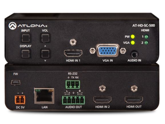 LAN-AT-HD-SC-500 scaler se zabudovaným 3x1 přepínačem pro HDMI a VGA signály, 2x HDMI vstup, 1x VGA vstup