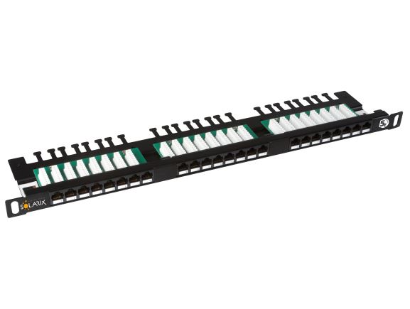 SX24HD-5E-UTP-BK patch panel UTP 24xRJ45 kat. 5E, 0,5U, 19", osazený, s vyvazovací lištou, černý