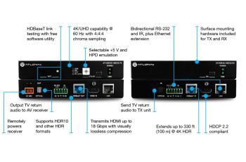 ATLONA LAN-AT-HDR-EX-100CEA-KIT sada RX/TX HDBaseT extenderu pro přenos 4K HDR po Cat6A/Cat7 (přijímač/vysílač), PoE