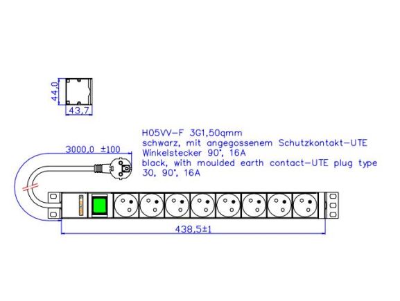 CONTEG DP-RP-08-UTES napájecí panel, 8x230V UTE, 19", 1U, vypínač, 3m