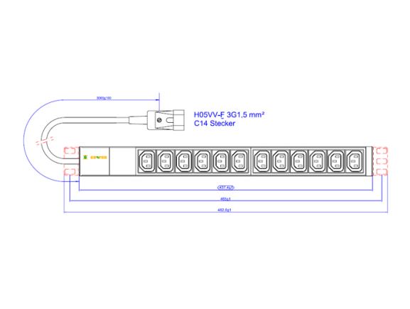 IP-BA-C12C300010 napájecí panel, 12xC13, 250V, 10A, 19", 1U, 3m kabel se zástrčkou IEC320 C14